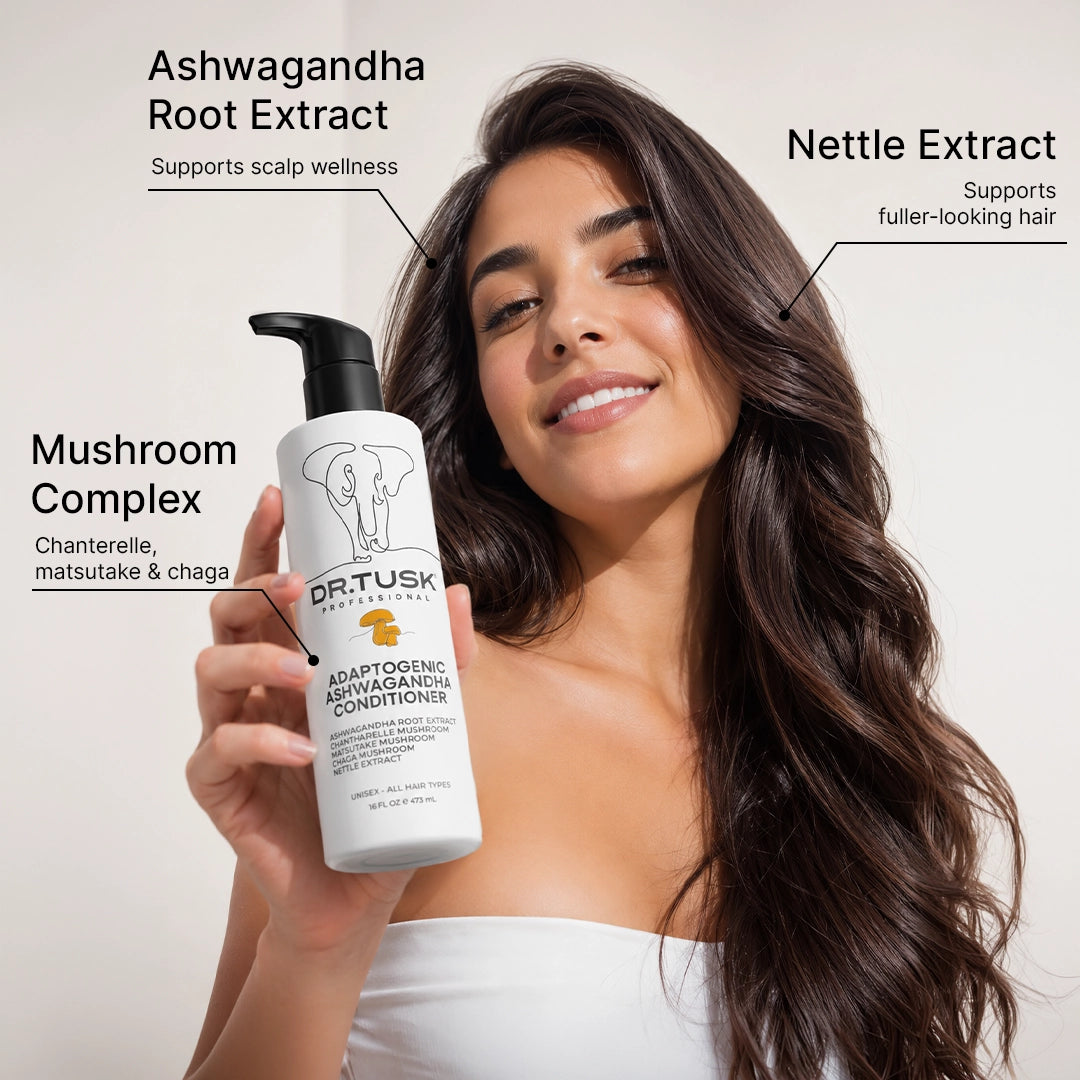 Woman holding a bottle of Dr. Tusk adaptogenic hair conditioner with text about ingredients and benefits.